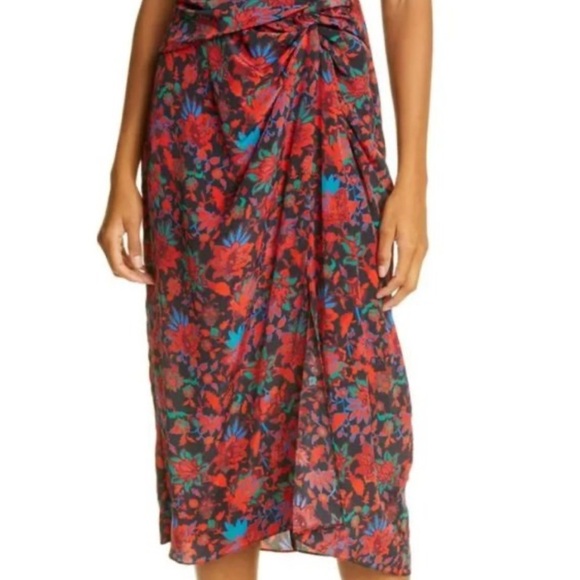 Rag & Bone Amber Midi Skirt Black Bright Floral 2 Slit Wrap Waist Detail Lined - Picture 3 of 15